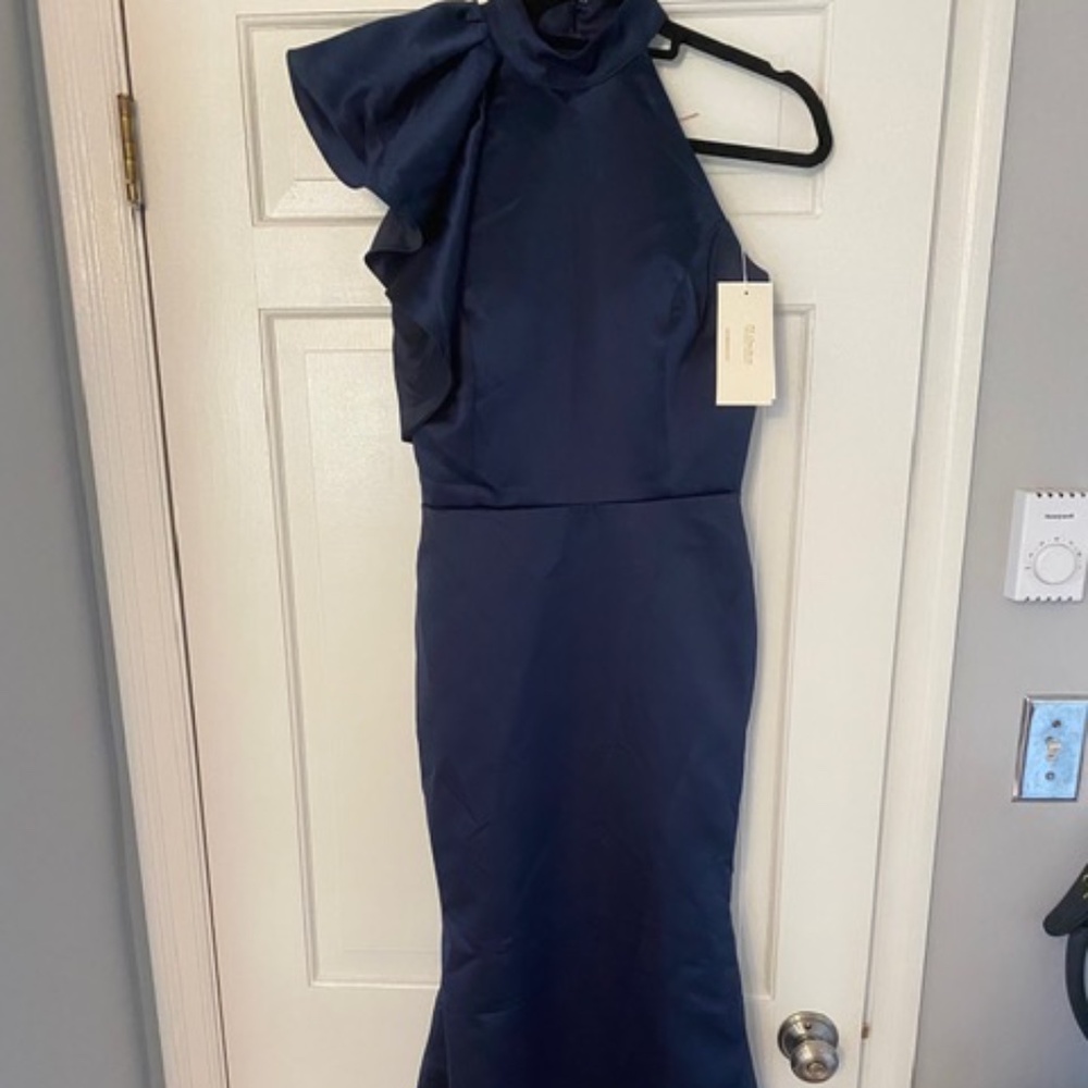 TS COURTURE Royal Blue SIZE 4 Halter gown ONE SHOULDER with RUFFLE -  NWT
